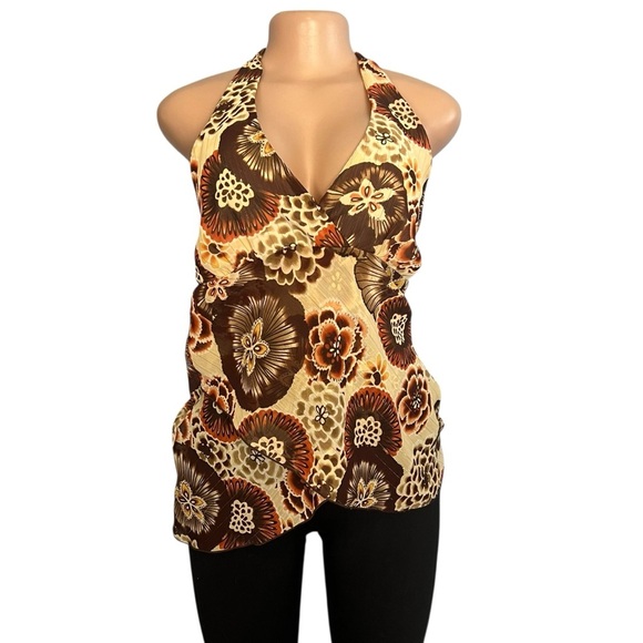 3/$30 🍂 BCX Y2K Floral Halter Neck Top Brown and Cream - Picture 3 of 9